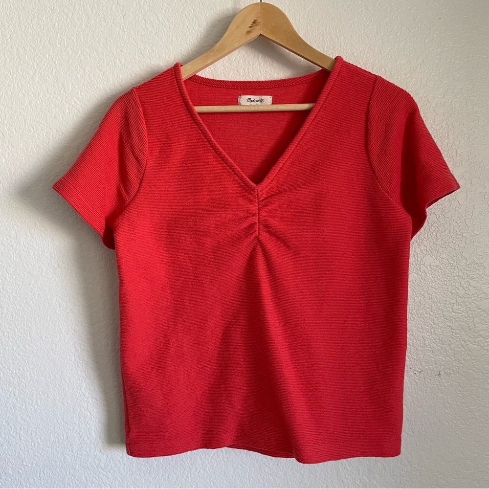 Madewell Ottoman Jacquard Ruched Front Top V-Neck Short Sleeve 100% Cotton NA458